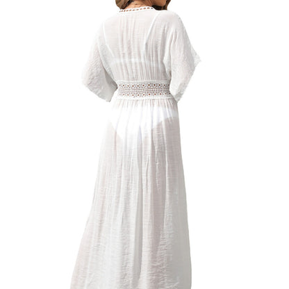 2025 European And American White Swimwear Cardigan Women's Lace Splicing Strap Long Beach Sun Protection Shirt
