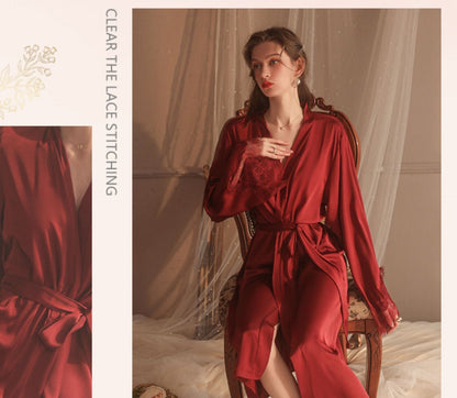Maroon Ice Silk Sweet Sexy Pajamas Women's Long-sleeved Thin Red Long Bathrobe Sleepwear