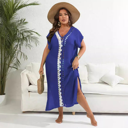 Plus Size Green Long Holiday Beach Swimsuit Cardigan Women's Contrasting Colors Deep V-neck Slit Dress