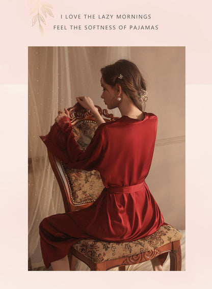 Maroon Ice Silk Sweet Sexy Pajamas Women's Long-sleeved Thin Red Long Bathrobe Sleepwear