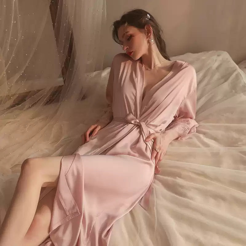 Maroon Ice Silk Sweet Sexy Pajamas Women's Long-sleeved Thin Red Long Bathrobe Sleepwear