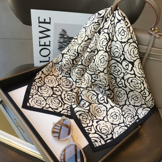 2025 Spring Summer New Small Chanel Style Camellia Decorative 100% Mulberry Silk Small Square Scarf