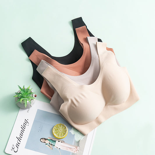 Black Large Size One-piece Seamless Silk No-wire Bra Women‘s Glossy Thin Detachable High Elastic Breathable Underwear