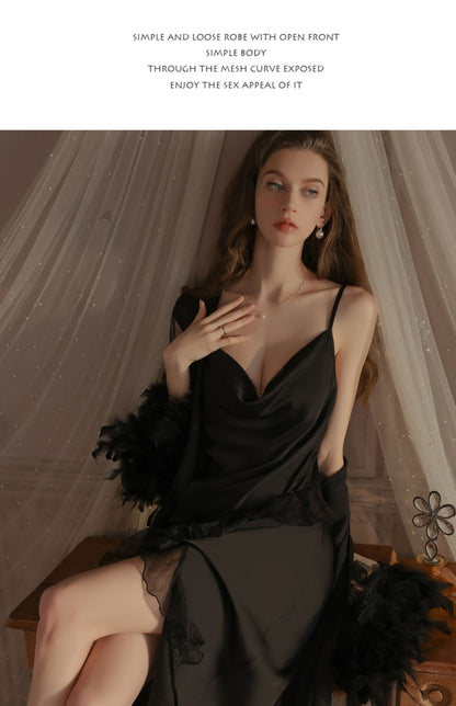 White Long Plus Size Sexy Pajamas Women's Bathrobe Silk Slit V Neck Pure Desire Palace Style Nightgown Set
