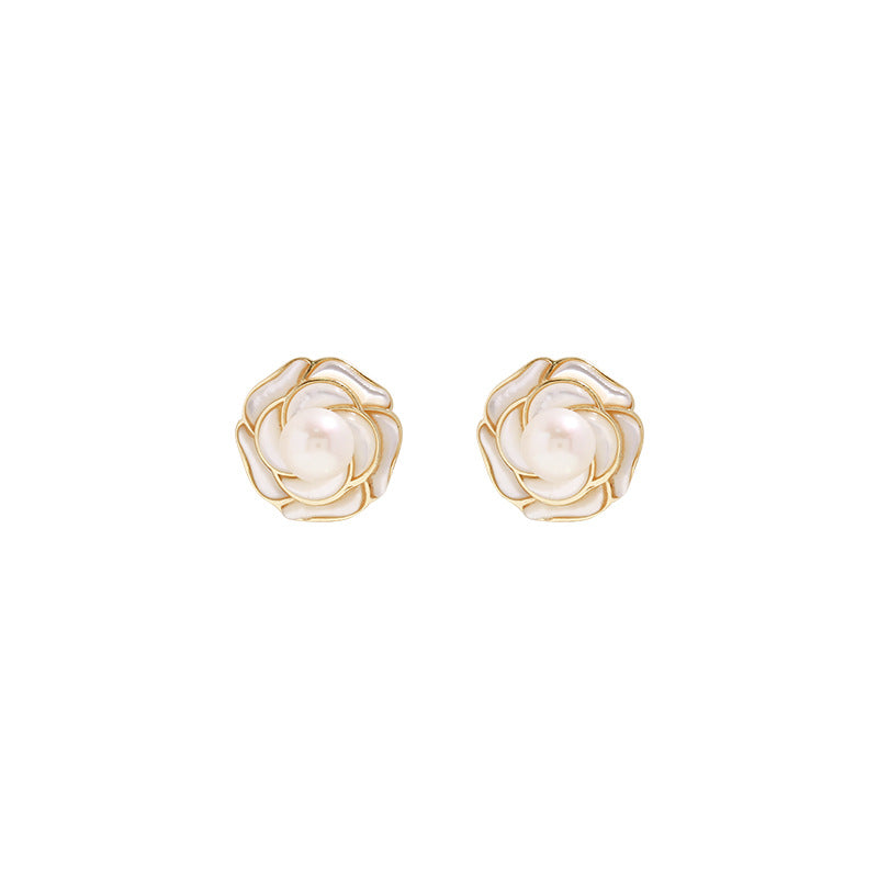 Camellia Pearl Light Luxury Personality Earrings Women‘s Niche Design Simple Versatile Ins Style Earrings
