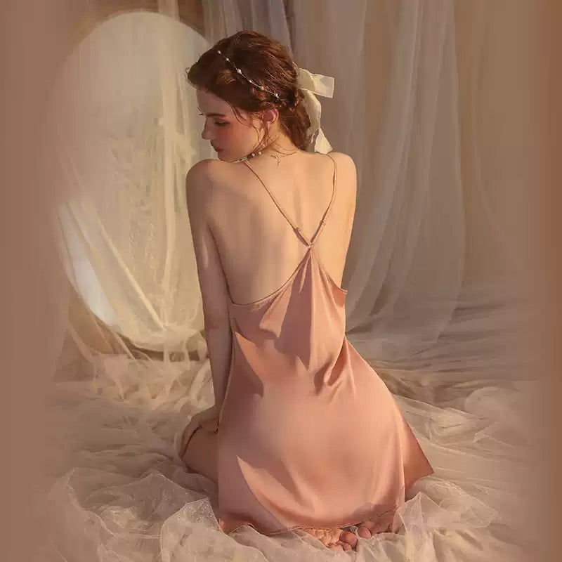 Rose Gold V-neck Pure Princess Style Ice Silk Suspender Nightdress Women's Summer Sexy High-end Thin Loungewear Sleepwear