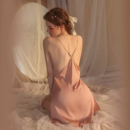 Rose Gold V-neck Pure Princess Style Ice Silk Suspender Nightdress Women's Summer Sexy High-end Thin Loungewear Sleepwear