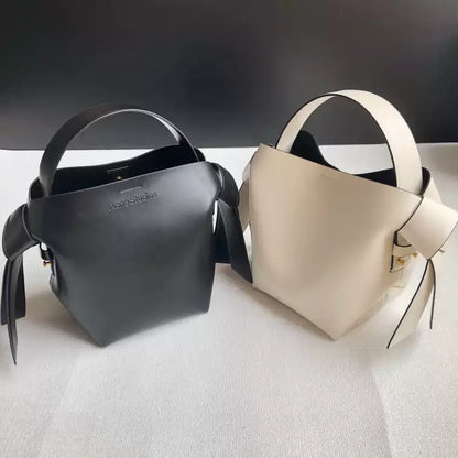 Niche Gray Musubi Bow Mimi Cowhide Bucket Bag Women‘s Minimalist Style Hand-held Commuter Bag