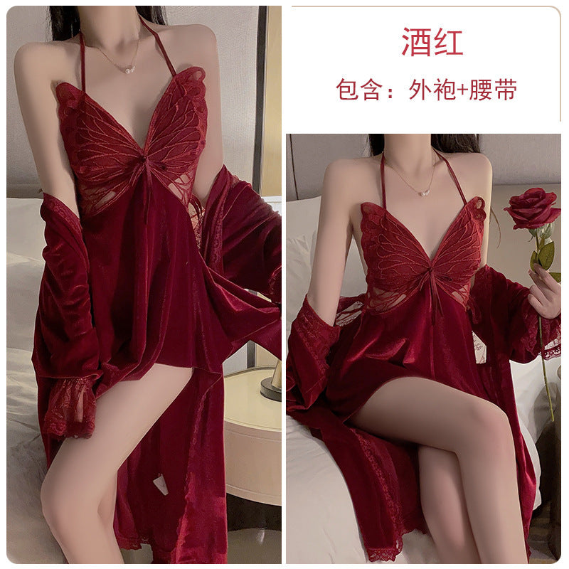 2025 Autumn Winter White Gold Velvet Pajamas Women's New Pure Slimming Suspender Nightdress Nightgown Two-piece Sexy Lingerie