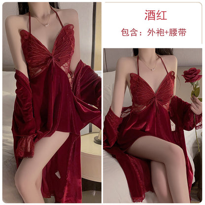 2025 Autumn Winter White Gold Velvet Pajamas Women's New Pure Slimming Suspender Nightdress Nightgown Two-piece Sexy Lingerie