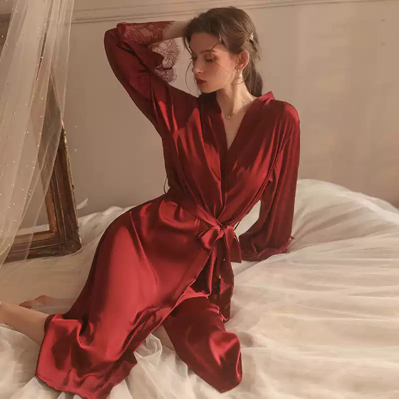 Maroon Ice Silk Sweet Sexy Pajamas Women's Long-sleeved Thin Red Long Bathrobe Sleepwear