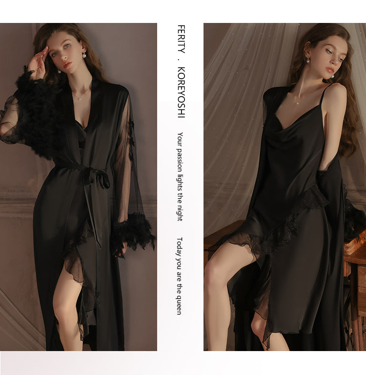 White Long Plus Size Sexy Pajamas Women's Bathrobe Silk Slit V Neck Pure Desire Palace Style Nightgown Set
