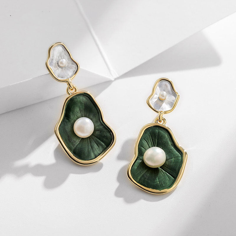2025 Spring Summer Green Lotus Leaf Pearl Earrings Women's Korean New Irregular Trendy Earrings