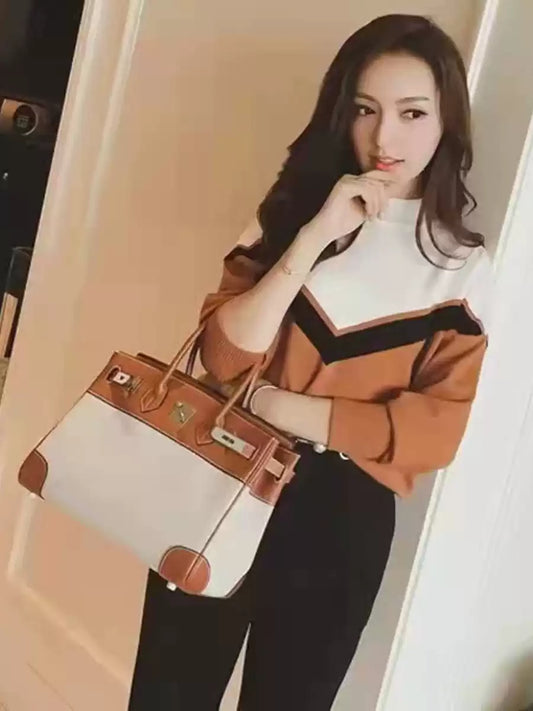 2025 New Canvas Platinum Stitching Golden Brown Messenger Bag Women's  Casual Large Capacity Genuine Leather Single Shoulder Kelly Handbag