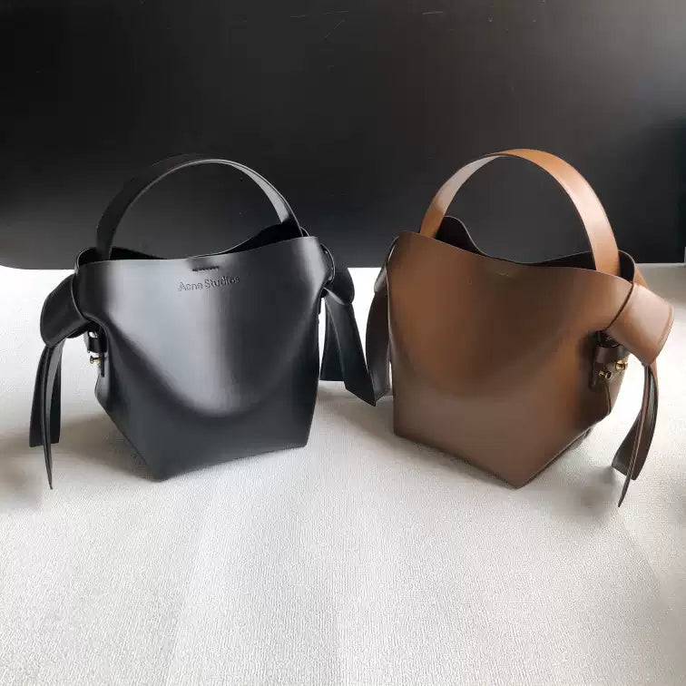 Niche Gray Musubi Bow Mimi Cowhide Bucket Bag Women‘s Minimalist Style Hand-held Commuter Bag