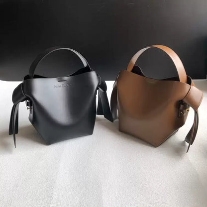 Niche Gray Musubi Bow Mimi Cowhide Bucket Bag Women‘s Minimalist Style Hand-held Commuter Bag