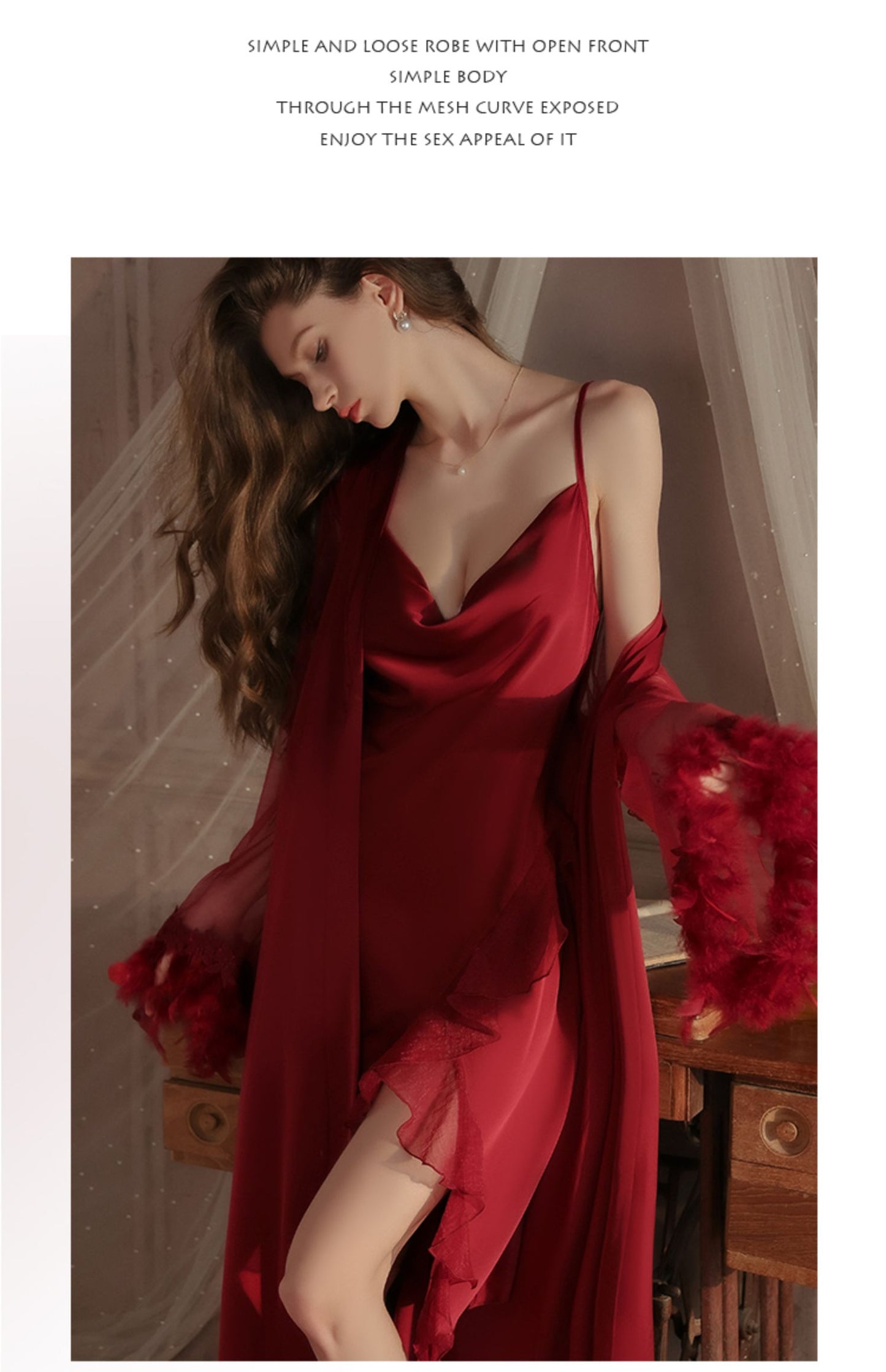 White Long Plus Size Sexy Pajamas Women's Bathrobe Silk Slit V Neck Pure Desire Palace Style Nightgown Set
