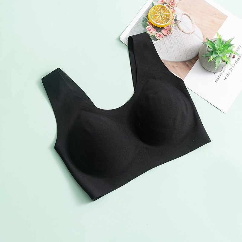 Black Large Size One-piece Seamless Silk No-wire Bra Women‘s Glossy Thin Detachable High Elastic Breathable Underwear