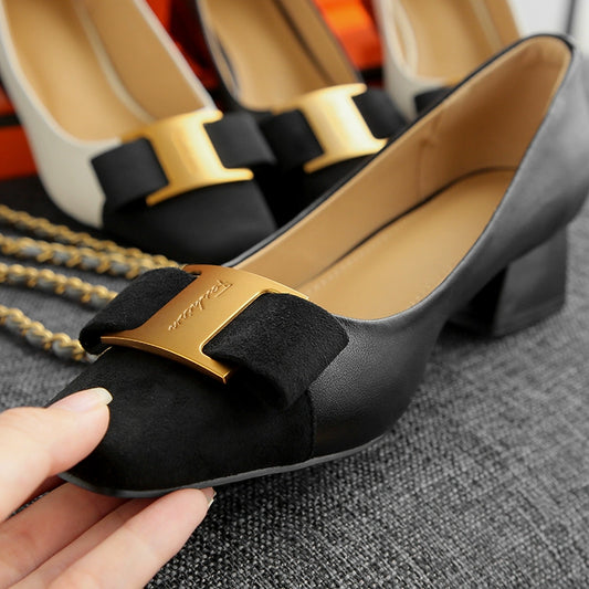 French Bow Leather Shallow Square Toe Beige Black Pumps Square High Heel Shoes