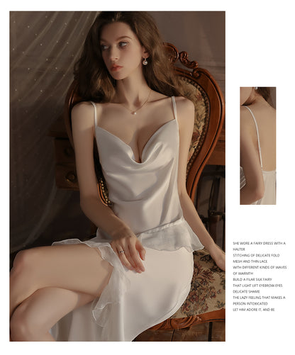White Long Plus Size Sexy Pajamas Women's Bathrobe Silk Slit V Neck Pure Desire Palace Style Nightgown Set