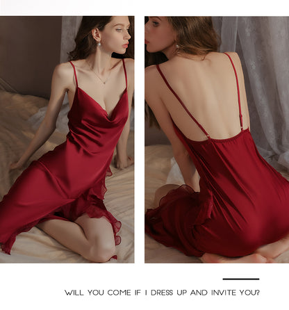 White Long Plus Size Sexy Pajamas Women's Bathrobe Silk Slit V Neck Pure Desire Palace Style Nightgown Set