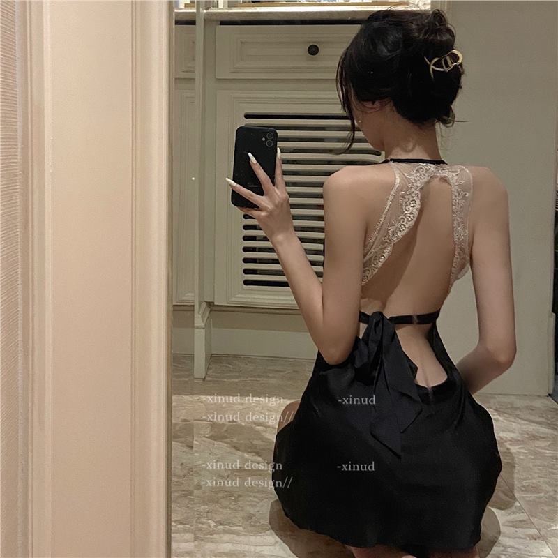 Pink Sexy Gentle Style Lingerie Lace See-through Suspender Nightdress Low-cut backless miniskirt