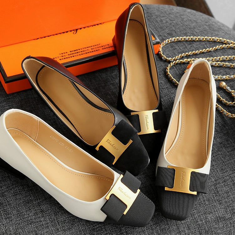 French Bow Leather Shallow Square Toe Beige Black Pumps Square High Heel Shoes