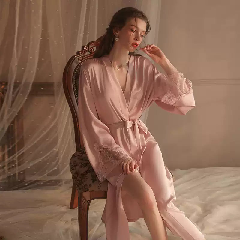 Maroon Ice Silk Sweet Sexy Pajamas Women's Long-sleeved Thin Red Long Bathrobe Sleepwear