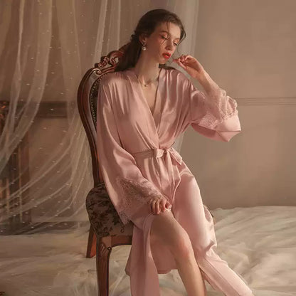 Maroon Ice Silk Sweet Sexy Pajamas Women's Long-sleeved Thin Red Long Bathrobe Sleepwear