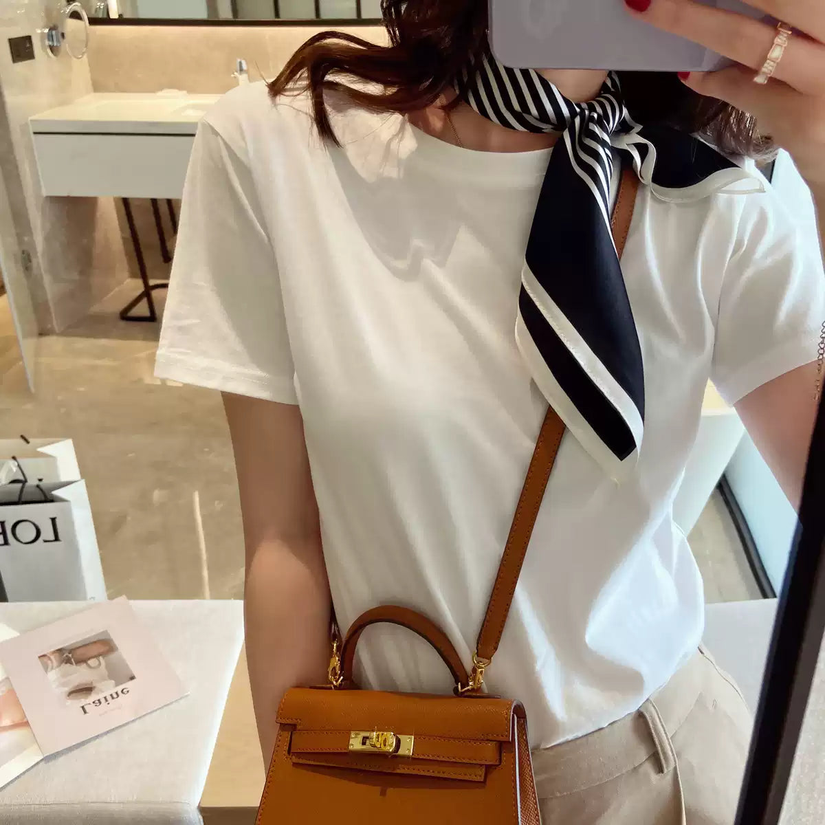 2025 Classic Black White Mulberry Silk Scarf Korean Versatile Striped Thin Decorative Small Square Scarf