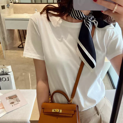 2025 Classic Black White Mulberry Silk Scarf Korean Versatile Striped Thin Decorative Small Square Scarf