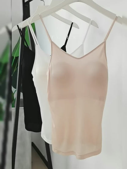 2025 Spring Summer Knitted Silk Basic Color Camisole Women's Builtin Bra Thin Mulberry Silk Camisole With Cups Underwear