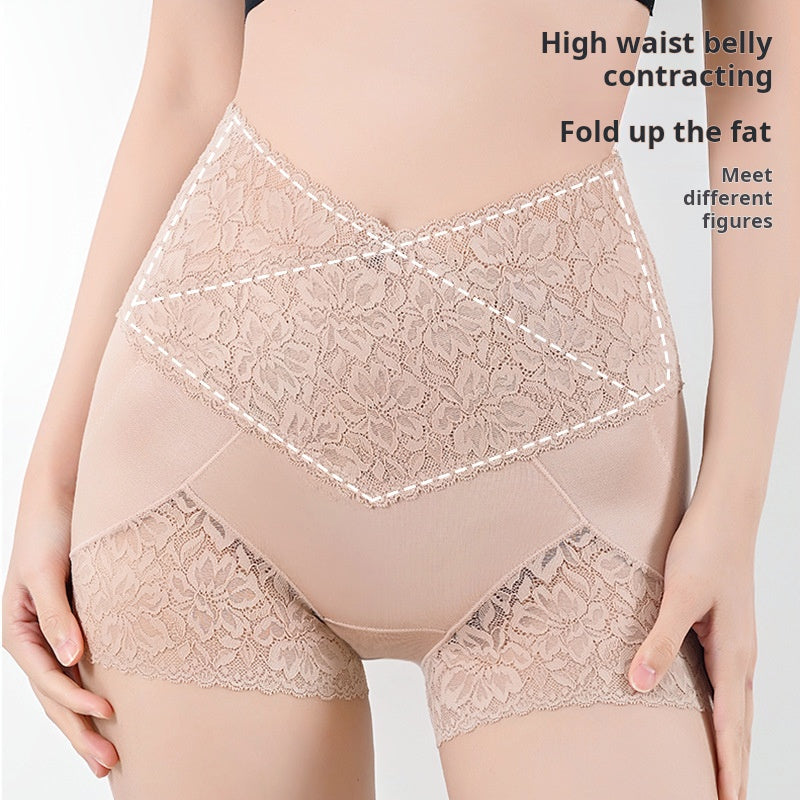 Skin Color Silk Lace High Waist Tummy Control Briefs Pants Women‘s Seamless High Elastic Hip Lifting Body Shaping Underwear Anti-Exposure Safety Underpants