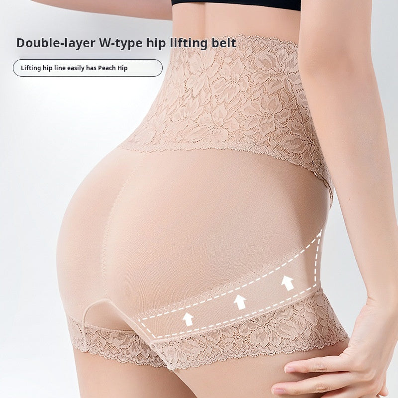 Skin Color Silk Lace High Waist Tummy Control Briefs Pants Women‘s Seamless High Elastic Hip Lifting Body Shaping Underwear Anti-Exposure Safety Underpants