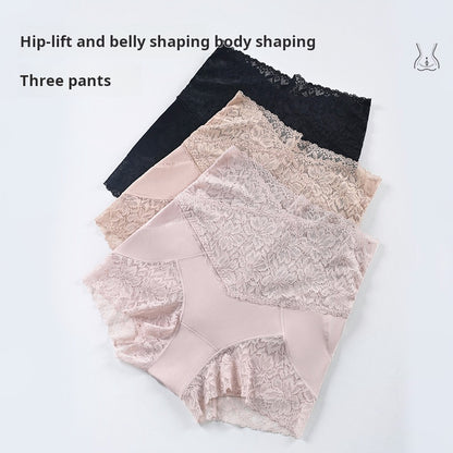 Skin Color Silk Lace High Waist Tummy Control Briefs Pants Women‘s Seamless High Elastic Hip Lifting Body Shaping Underwear Anti-Exposure Safety Underpants