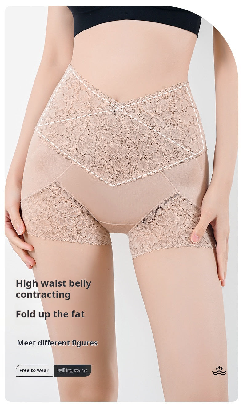 Skin Color Silk Lace High Waist Tummy Control Briefs Pants Women‘s Seamless High Elastic Hip Lifting Body Shaping Underwear Anti-Exposure Safety Underpants
